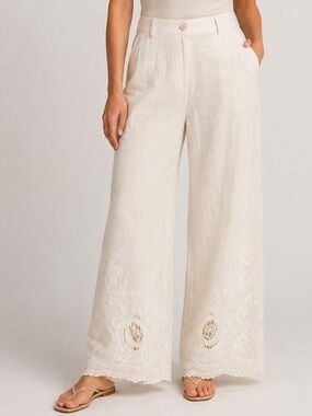 Wide-Leg Embroidered Linen-Blend Pants in Cream